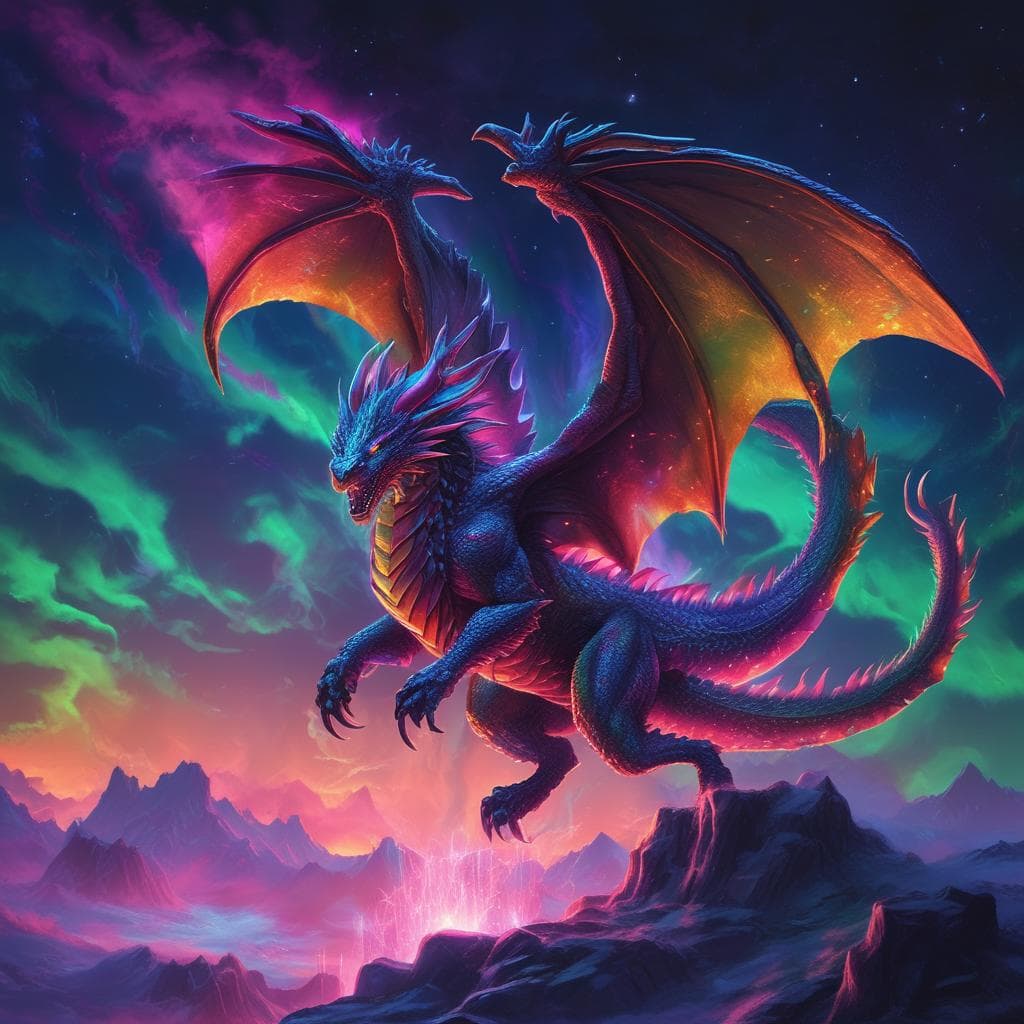 Majestic dragon soaring through vibrant aurora borealis in the night sky